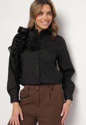 Czarna Koszula z Wiskozą z Ozdobną Aplikacją przy Dekolcie Ridivienne. Czarne koszule damskie Born2be, uniwersalny, z aplikacjami, z jeansu, eleganckie, bez kołnierzyka, bez ramiączek. Za 54.99 zł.