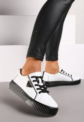 Biało-Czarne Sneakersy na Płaskiej Podeszwie ze Skóry z Metaliczną Ozdobą Melabra. Białe obuwie sportowe damskie Renee, ze skóry, bez zapięcia. Za 179.99 zł.