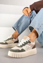 Beżowo-Zielone Sneakersy na Platformie z Tłoczeniami Zdobione Panterkowym Printem Herraza. Brązowe obuwie sportowe damskie Renee, z jeansu, bez zapięcia. Za 99.99 zł.