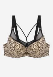 Beżowo-Brązowy Biustonosz z Siateczkową Wstawką i Ozdobnymi Paskami przy Dekolcie Sabesa. Brązowe biustonosze Renee, bez wzorów, z jeansu. Za 49.99 zł.