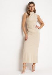Beżowa Dopasowana Sukienka Bodycon z Dekoracyjnym Marszczeniem Bez Rękawów Tykena. Brązowe sukienki damskie Born2be, bez wzorów, wizytowe, bez ramiączek. W wyprzedaży za 101.99 zł.