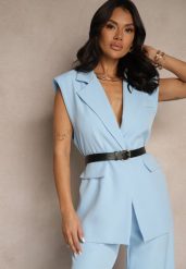Jasnoniebieska Kamizelka Oversize w Garniturowym Stylu z Guzikiem i Paskiem z Klamrą Galazia. Niebieskie kamizelki damskie Renee, l, bez wzorów, bez kaptura. Za 84.99 zł.
