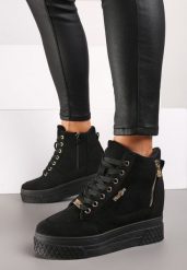 Czarno-Złote Sneakersy na Ukrytym Koturnie z Metalicznymi Wstawkami i Ozdobnym Suwakiem Daimana. Czarne obuwie sportowe damskie Born2be, z materiału, bez zapięcia. Za 109.99 zł.