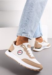 Beżowe Sneakersy z Haftowaną Naszywką i Metaliczną Wstawką Elnara. Brązowe obuwie sportowe damskie Renee, z jeansu, bez zapięcia. Za 59.99 zł.