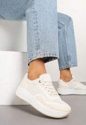 Beżowo-Białe Sneakersy na Grubej Podeszwie Ozdobione Tłoczeniem Veniora. Brązowe obuwie sportowe damskie Born2be, z jeansu, bez zapięcia. Za 89.99 zł.