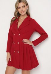 Bordowa Plisowana Sukienka Marynarka o Rozkloszowanym Kroju z Ozdobnymi Guzikami Zoriea. Czerwone marynarki i żakiety damskie Born2be, m, bez wzorów, eleganckie. Za 139.99 zł.