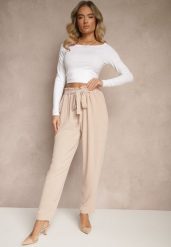 Beżowe Spodnie High Waist Ozdobione Wiązanym Paskiem Araleira. Brązowe spodnie materiałowe damskie Renee, bez wzorów, z jeansu, długie. Za 44.99 zł.