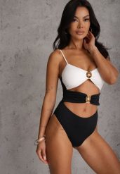 Biało-Czarny Jednoczęściowy Strój Kąpielowy Na Cienkich Ramiączkach ze Złotymi Ozdobami i Wycięciami Nonanoe. Białe stroje jednoczęściowe Renee, bez wzorów, z jeansu. Za 109.99 zł.