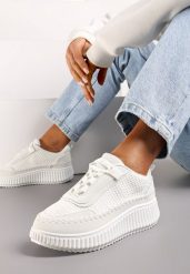 Białe Sznurowane Sneakersy na Platformie Dimakis. Białe obuwie sportowe damskie Renee, bez zapięcia. Za 99.99 zł.