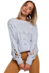 Sweter z Rozcięciem na Rękawach - Błękitny. Niebieskie swetry klasyczne damskie MOE, l, z materiału, bez kołnierzyka. Za 219.90 zł.