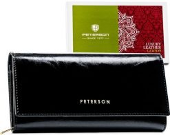 Portfel damski Peterson PTN PL-409 czarny. Czarne portfele damskie Peterson, bez wzorów, ze skóry. Za 139.00 zł.