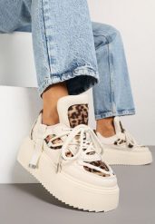 Beżowe Panterkowe Sneakersy na Platformie Ozdobione Sznurowaniem Vilvia. Brązowe obuwie sportowe damskie Renee, z jeansu, bez zapięcia. Za 109.99 zł.