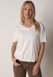 Biała Bluzka z Wiskozą o Nietoperzowym Kroju Oromeda. Białe bluzki damskie Born2be, uniwersalny, bez wzorów, z jeansu, bez kołnierzyka, bez ramiączek. Za 89.99 zł.