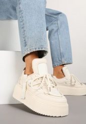 Beżowe Sneakersy na Grubej Podeszwie z Ozdobnym Sznurowaniem Sovvia. Brązowe obuwie sportowe damskie Born2be, bez zapięcia. Za 89.99 zł.