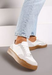 Białe Casualowe Sneakersy na Płaskiej Podeszwie z Perforacją Theneria. Białe obuwie sportowe damskie Renee, z jeansu, bez zapięcia. Za 74.99 zł.