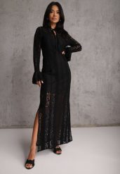 Czarna Taliowana Sukienka z Koronki Zdobiona Wiązaniem przy Szyi Terienna. Czarne sukienki damskie Renee, z aplikacjami, z koronki, bez ramiączek. Za 149.99 zł.