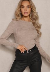 Jasnobeżowy Casualowy Sweter z Prążkowanego Materiału Zintra. Brązowe swetry klasyczne damskie Renee, m, z jeansu, bez kołnierzyka. Za 69.99 zł.