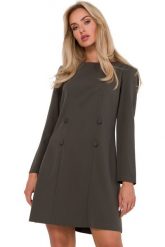 Elegancka sukienka trapezowa dwurzędowa khaki. Brązowe sukienki damskie MOE, bez wzorów, biznesowe, bez ramiączek. Za 339.00 zł.
