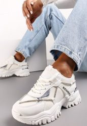 Białe Sznurowane Sneakersy z Ozdobnym Paskiem i Metalicznymi Wstawkami Asterella. Białe obuwie sportowe damskie Renee, bez zapięcia. Za 119.99 zł.