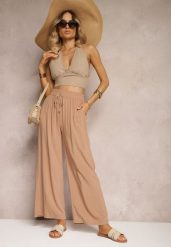 Beżowe Bawełniane Spodnie Kuloty High Waist z Gumką w Pasie Vimarielle. Brązowe spodnie materiałowe damskie Renee, bez wzorów, z bawełny. Za 39.99 zł.