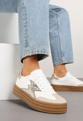 Złoto-Białe Sneakersy w Stylu Tenisówek Ozdobione Geometrycznym Wzorem Tolivanna. Żółte obuwie sportowe damskie Renee, z jeansu, bez zapięcia, tenisowe. Za 89.99 zł.