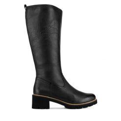 Kozaki Remonte. Czarne kozaki damskie Remonte, bez obcasa, na słupku, bez zapięcia. Za 447.00 zł.