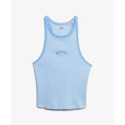 Tank top w paski z plecami w stylu sportowym i logo dla kobiet Superdry Essentia. Niebieskie koszulki sportowe damskie Superdry, bez wzorów, bez ramiączek. Za 96.35 zł.