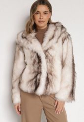 Jasnobeżowa Futrzana Kurtka z Nieodpinanym Kapturem Tusarea. Brązowe kurtki damskie Born2be, l, bez wzorów, z futra. Za 259.99 zł.