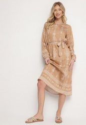 Beżowa Sukienka we Wzory Boho Pudełkowa z Paskiem w Talii Lisanea. Brązowe sukienki damskie Born2be, bez wzorów, z materiału, boho, bez ramiączek. W wyprzedaży za 84.99 zł.