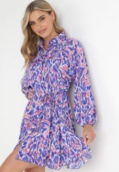 Granatowa Rozkloszowana Sukienka Mini z Kołnierzem i Plecionym Paskiem Shirela. Niebieskie sukienki damskie Born2be, bez wzorów, bez ramiączek. W wyprzedaży za 127.49 zł.