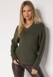 Ciemnozielony Sweter z Domieszką Kaszmiru z Dekoltem w Serek Feralaine. Zielone swetry klasyczne damskie Born2be, z jeansu, bez kołnierzyka. Za 109.99 zł.