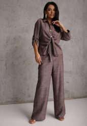 Brązowy Komplet z Wiskozą Bawełną i Lnem Wiązana Koszula i Szerokie Spodnie Ravisela. Brązowe koszule damskie Renee, l, bez wzorów, z bawełny, bez kołnierzyka, bez ramiączek. Za 229.99 zł.