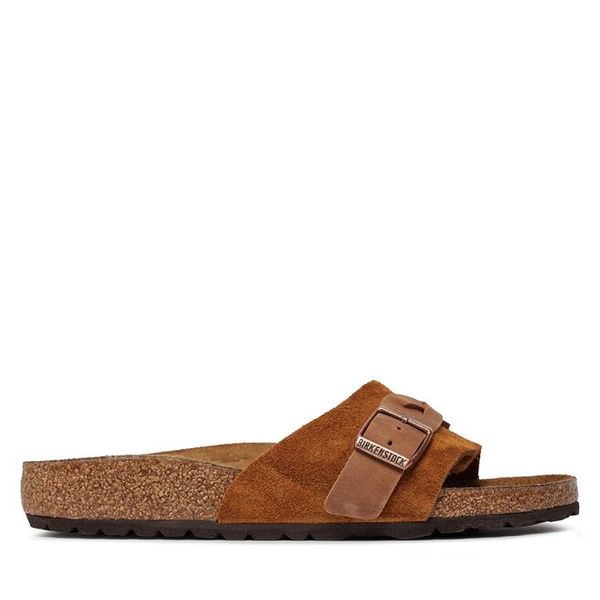 Klapki Birkenstock. Brązowe klapki damskie Birkenstock, bez wzorów, bez obcasa, bez zapięcia. Za 429.99 zł.