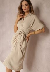 Beżowa Sukienka Koszulowa Wiązana z Przodu z Marszczeniem Raimona. Brązowe sukienki damskie Renee, bez wzorów, eleganckie, bez ramiączek. W wyprzedaży za 91.99 zł.