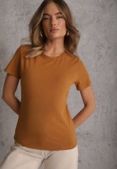 Brązowy T-shirt z Bawełny z Okrągłym Dekoltem Nedima. Brązowe t-shirty damskie Renee, m, bez wzorów, z bawełny, bez kołnierzyka. Za 39.99 zł.