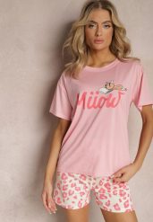Jasnoróżowy Komplet Piżamowy T-shirt z Nadrukiem i Proste Spodnie w Cętki i Szorty Nirelsa. Czerwone komplety bielizny Renee, bez wzorów, bez ramiączek. Za 44.99 zł.