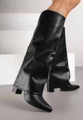 Czarne Botki na Słupku z Dodatkową Cholewką Imitującą Nogawkę Nalapeia. Czarne botki damskie Born2be, z jeansu, bez obcasa, na obcasie, bez zapięcia. Za 179.99 zł.