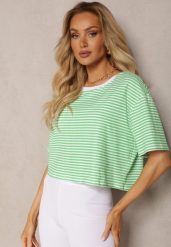 Zielony Oversizowy T-shirt Cropped w Paski z Elastycznej Bawełny Akrida. Zielone t-shirty damskie Renee, l, bez wzorów, z bawełny, bez kołnierzyka. Za 24.99 zł.