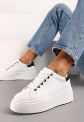 Biało-Czarne Sneakersy na Platformie Rilame. Białe obuwie sportowe damskie Born2be, z materiału, bez zapięcia. Za 79.99 zł.