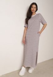 Biało-Czerwona Pudełkowa Sukienka z Bawełny w Poziome Paski Diove. Białe sukienki damskie Born2be, bez wzorów, z bawełny, biznesowe, bez ramiączek. Za 89.99 zł.