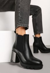 Czarne Botki Sztyblety na Słupku Ozdobione Elastyczną Wstawką Rearia. Czarne botki damskie Renee, na jesień, z jeansu, eleganckie, bez obcasa, na obcasie, bez zapięcia. Za 99.99 zł.