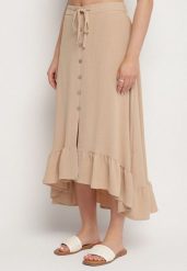 Beżowa Asymetryczna Spódnica z Falbanami i Ozdobnymi Guzikami Marolana. Brązowe spódnice damskie Born2be, na co dzień, l, bez wzorów, eleganckie, midi. Za 59.99 zł.