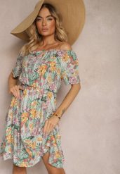Niebiesko-Pomarańczowa Sukienka z Bawełny w Kwiatowy Print Dimizama. Niebieskie sukienki damskie Renee, bez wzorów, z bawełny, eleganckie, bez ramiączek. W wyprzedaży za 39.99 zł.