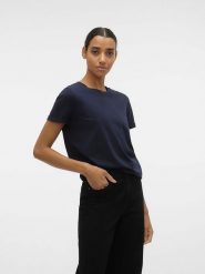Vero Moda Koszulka "Paula" w kolorze granatowym rozmiar: XL. Niebieskie bluzki damskie Vero Moda, xl, bez wzorów, z bawełny, bez kołnierzyka, bez ramiączek. Za 43.99 zł.