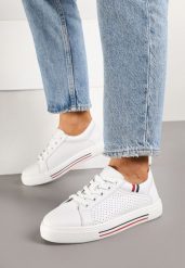 Białe Płaskie Sneakersy ze Skóry Naturalnej ze Skórzaną Wkładką Ozdobione Perforacją Zelili. Białe obuwie sportowe damskie Born2be, na lato, z jeansu, bez zapięcia. Za 169.99 zł.