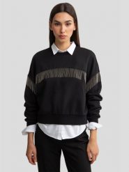 Bluza damska z frędzlami czarna Frola 906. Czarne bluzy damskie Big Star, na jesień, l, bez wzorów, z bawełny, bez kaptura. W wyprzedaży za 139.99 zł.