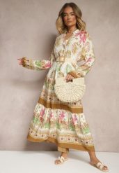 Beżowa Sukienka z Wiskozy Rozkloszowana w Print Boho Aedia. Brązowe sukienki damskie Renee, z aplikacjami, z wiskozy, boho, bez ramiączek. W wyprzedaży za 67.99 zł.