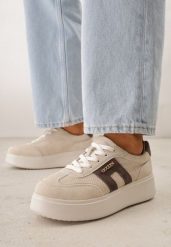 Beżowe Skórzane Sneakersy na Grubej Podeszwie Zdobione Drobną Perforacją Serinatea. Brązowe obuwie sportowe damskie Born2be, z jeansu, bez zapięcia. Za 199.99 zł.