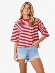 Noisy may Koszulka "Ember" w kolorze czerwono-białym rozmiar: M. Czerwone bluzki damskie Noisy may, m, bez wzorów, z bawełny, bez kołnierzyka, bez ramiączek. Za 83.62 zł.