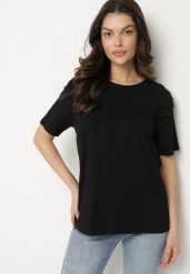 Czarny Bawełniany T-shirt Ozdobiony Koralikami Tlerra. Czarne t-shirty damskie Born2be, l, z aplikacjami, z bawełny, bez kołnierzyka. Za 34.99 zł.